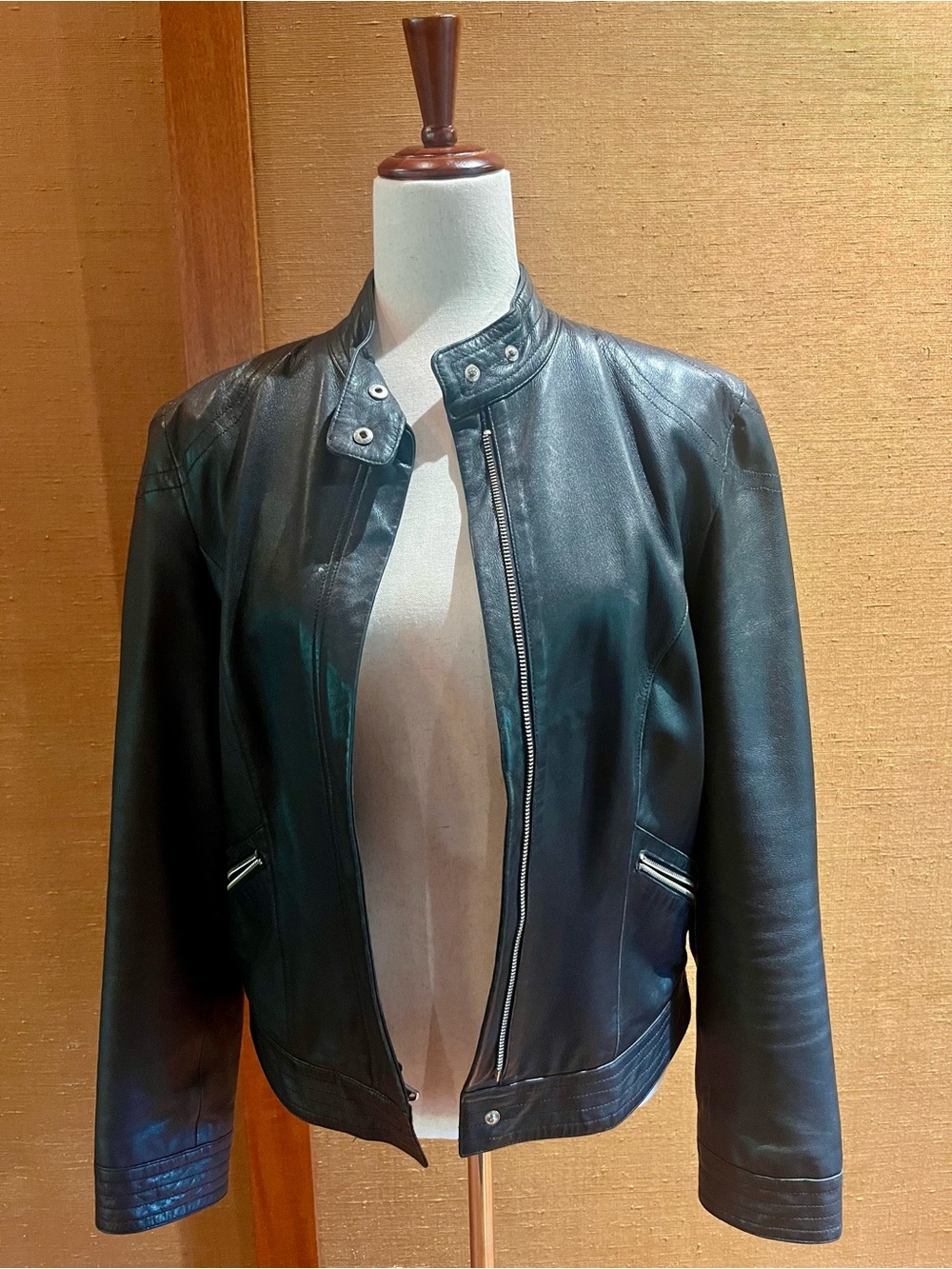 Nine West Black Leather Stand-Collar Jacket